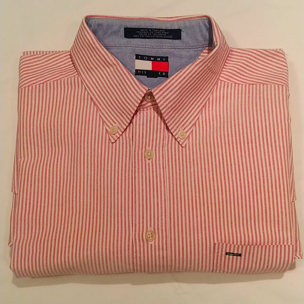 Tommy Hilfiger EUC  Men's L Pink Pin Striped Cotton Button Collar Shirt